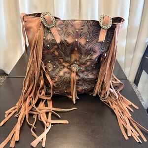 Circle M Custom Leather Fringed Western-Style Large Tote Bag in Brown